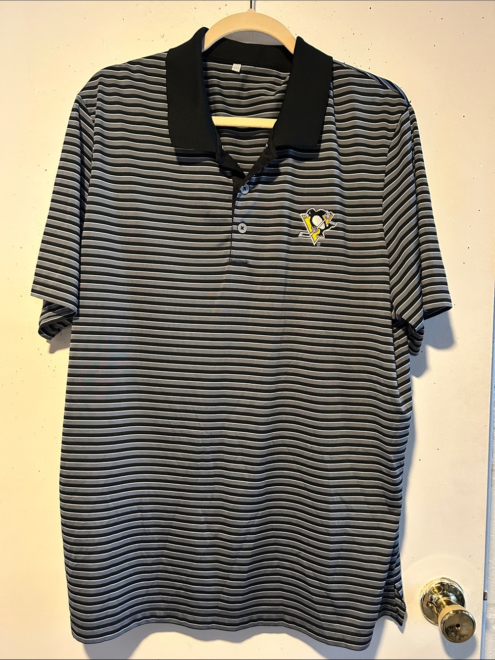 adidas Black & Gray Striped Polo with Pittsburgh Penguins Patch